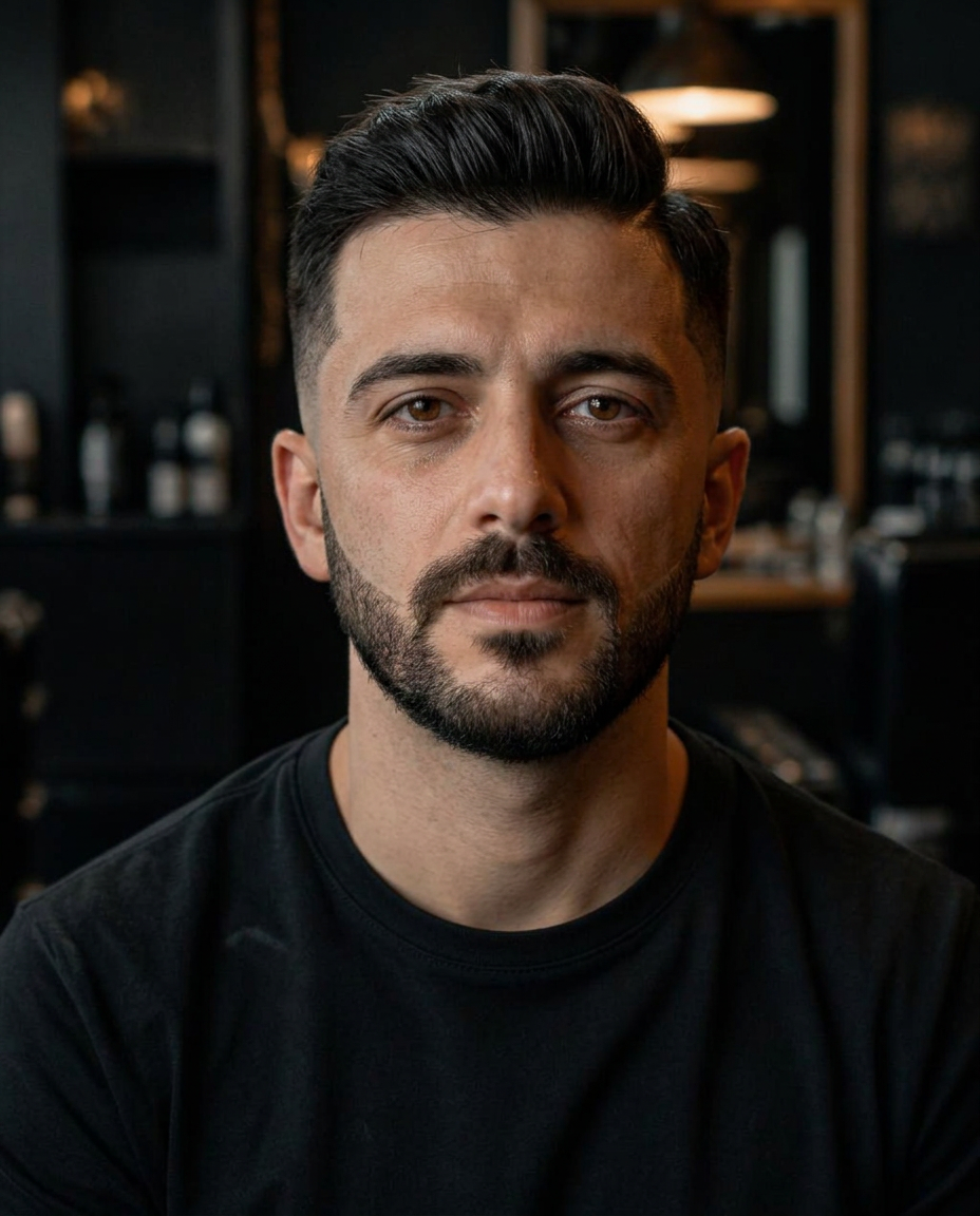Nachher — moderner Skin Fade und konturierter Bart bei Barber District